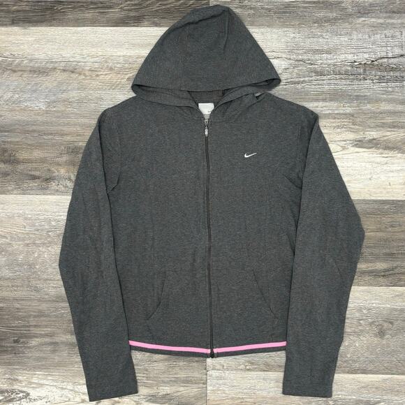 Vintage Y2K Nike‎ Dark Gray Pink Womens XL Full Zip Mini Swoosh Sporty Hoodie - Picture 1 of 10